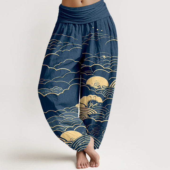 Pantalon harem femme en coton à motif spirale et nuages ​​classiques avec Buddha Stones - Marine - US16，UK/AU20，EU48 (3XL) - image 0