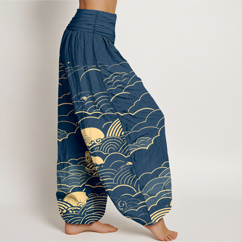 Pantalon harem femme en coton à motif spirale et nuages ​​classiques avec Buddha Stones - image 2