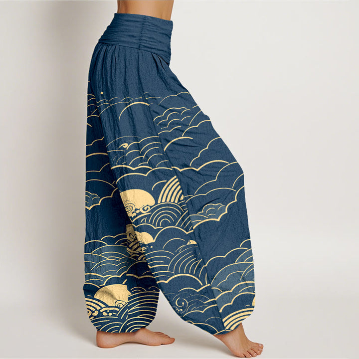 Pantalon harem femme en coton à motif spirale et nuages ​​classiques avec Buddha Stones - image 2