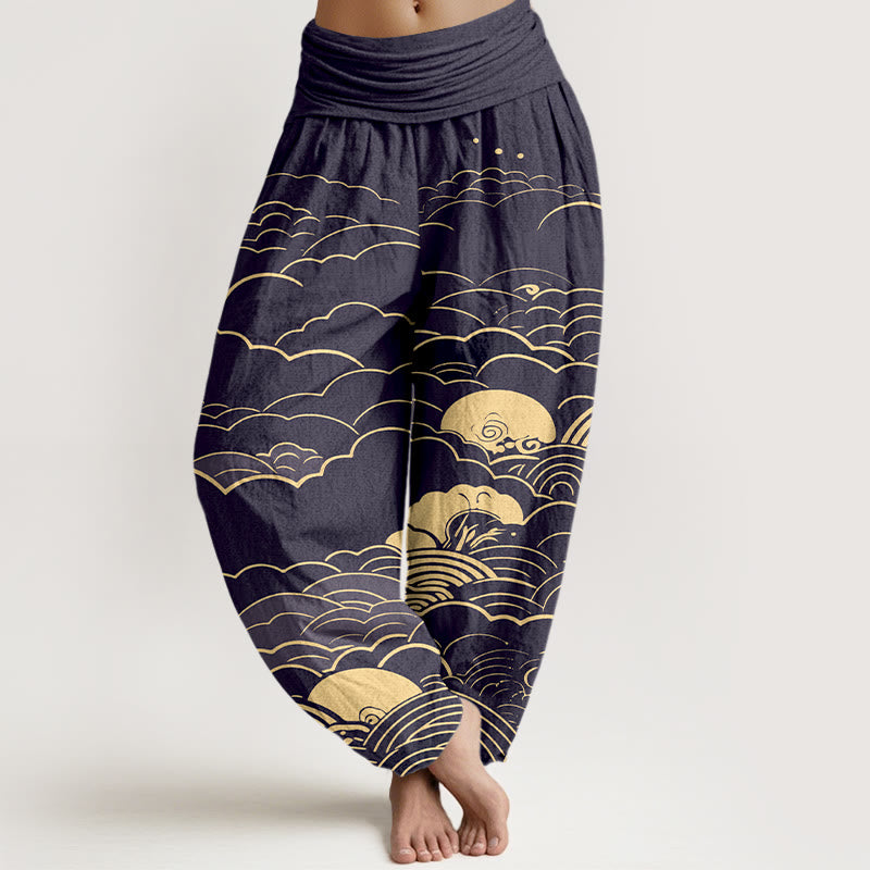 Pantalon harem femme en coton à motif spirale et nuages ​​classiques avec Buddha Stones - Bleu nuit - US16，UK/AU20，EU48 (3XL) - image 5