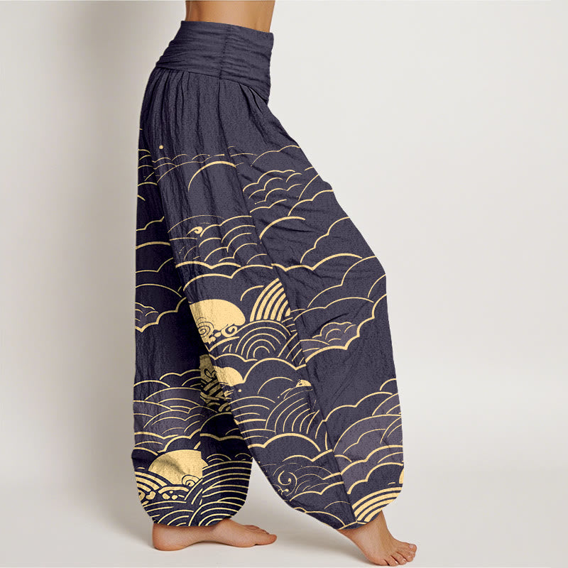 Pantalon harem femme en coton à motif spirale et nuages ​​classiques avec Buddha Stones - image 7