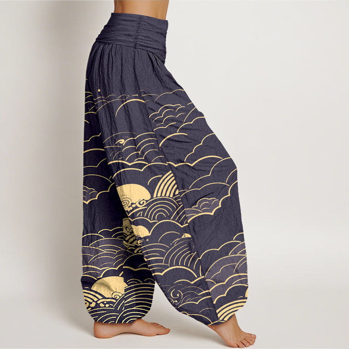 Pantalon harem femme en coton à motif spirale et nuages ​​classiques avec Buddha Stones - image 7