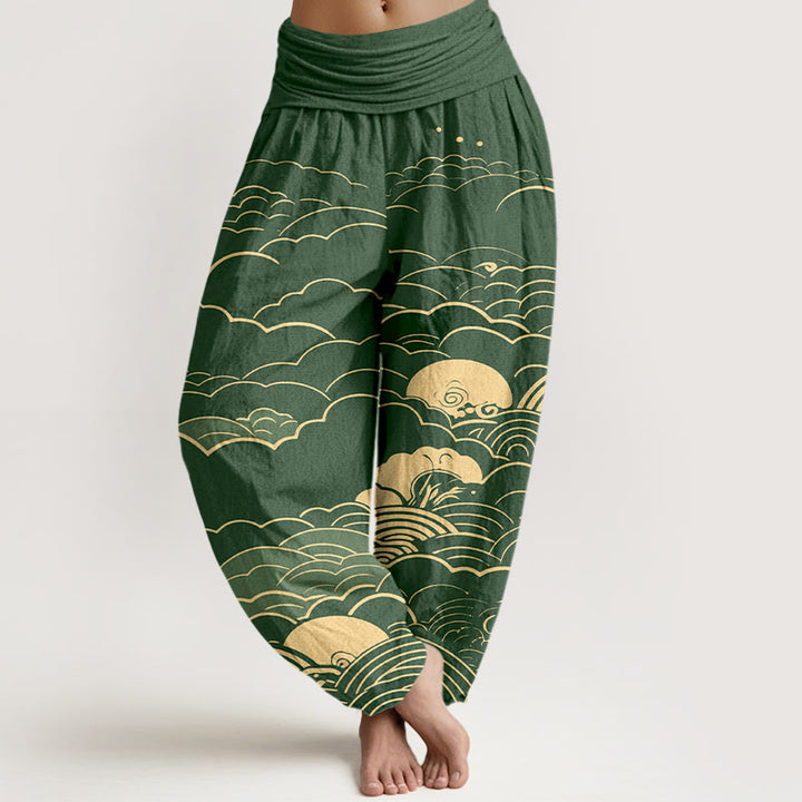 Pantalon harem femme en coton à motif spirale et nuages ​​classiques avec Buddha Stones - Vert - US16，UK/AU20，EU48 (3XL) - image 8