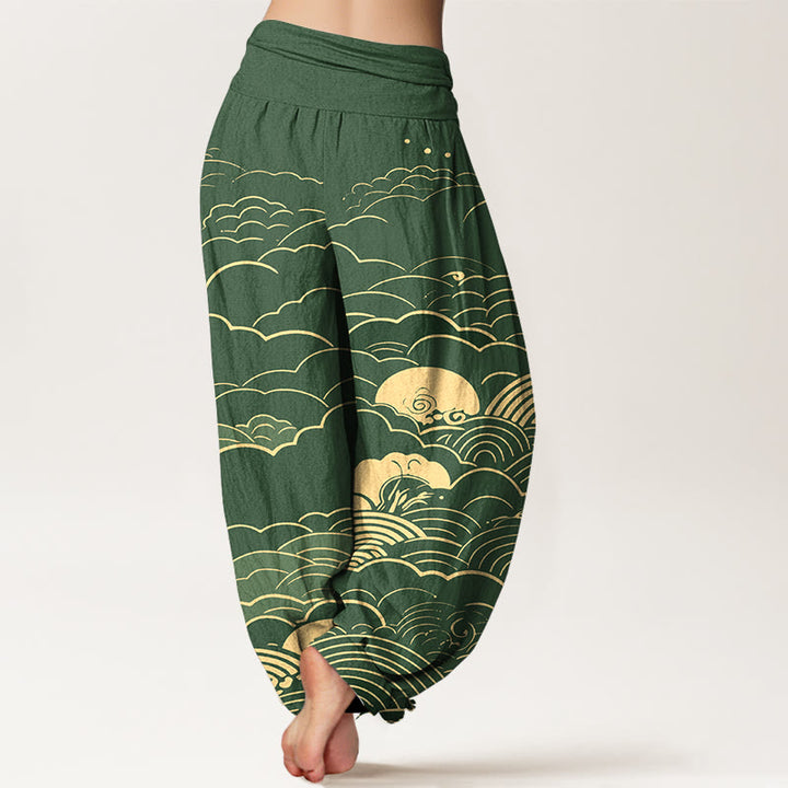 Pantalon harem femme en coton à motif spirale et nuages ​​classiques avec Buddha Stones - image 9