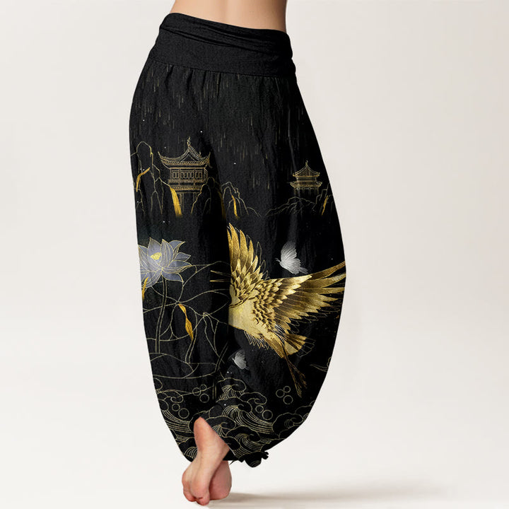 Pantalon harem à taille élastique pour femme, Buddha Stones , lotus et pavillon de montagne - image 1