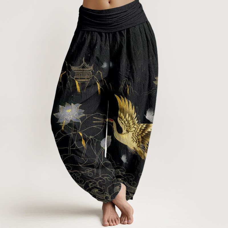 Pantalon harem à taille élastique pour femme, Buddha Stones , lotus et pavillon de montagne - Noir - US16，UK/AU20，EU48 (3XL) - image 0