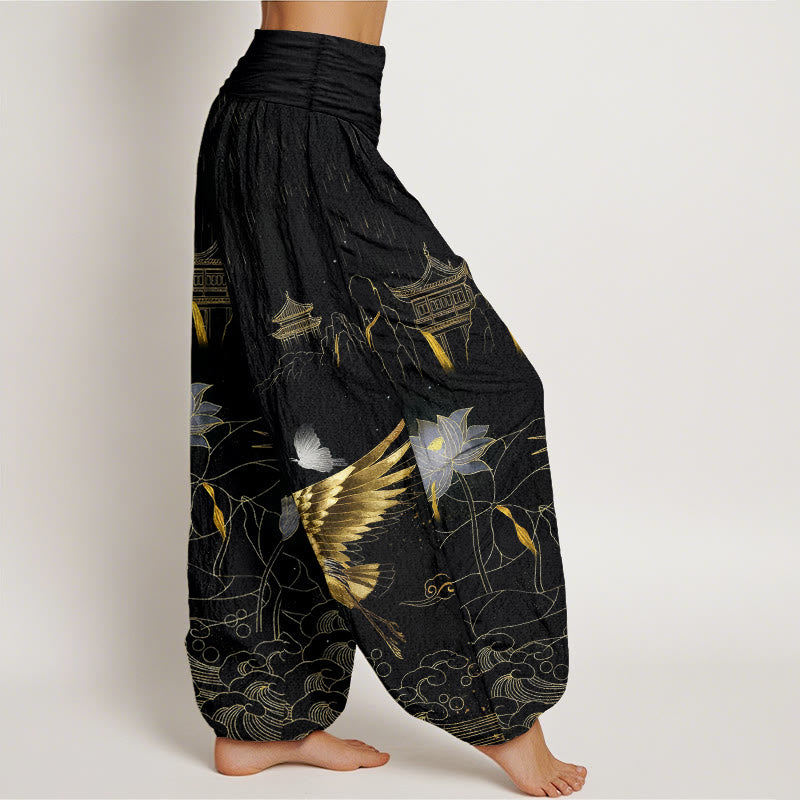 Pantalon harem à taille élastique pour femme, Buddha Stones , lotus et pavillon de montagne - image 2