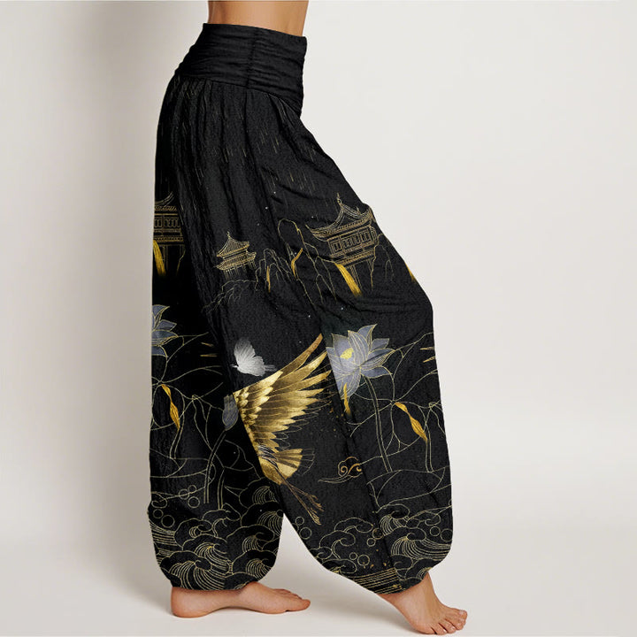 Pantalon harem à taille élastique pour femme, Buddha Stones , lotus et pavillon de montagne - image 2