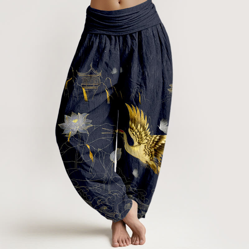 Pantalon harem à taille élastique pour femme, Buddha Stones , lotus et pavillon de montagne - Bleu nuit - US16，UK/AU20，EU48 (3XL) - image 5