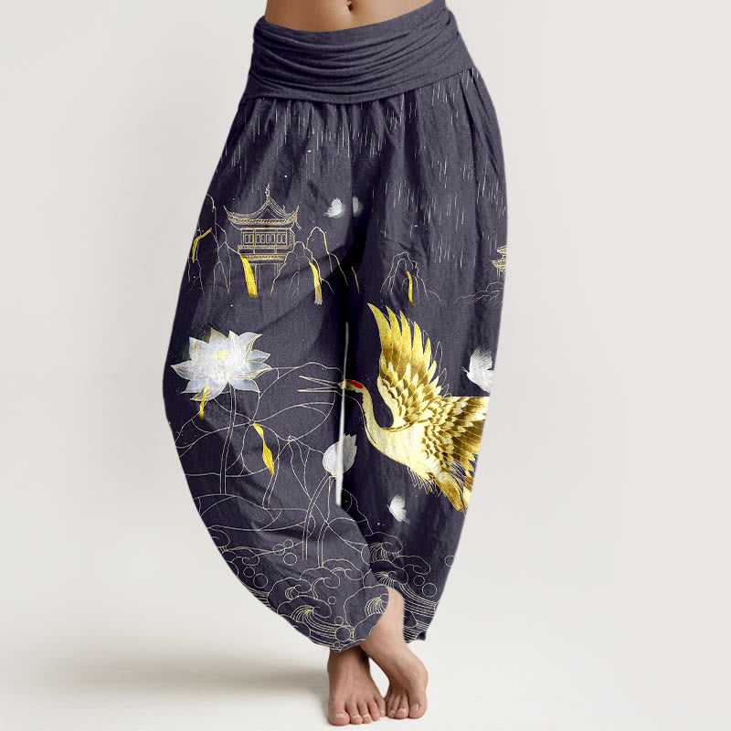 Pantalon harem à taille élastique pour femme, Buddha Stones , lotus et pavillon de montagne - Bleu ardoise foncé - US16，UK/AU20，EU48 (3XL) - image 8
