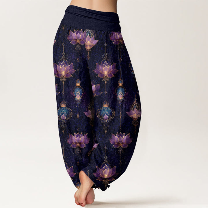 Pantalon harem à taille élastique pour femme, en coton, motif lanterne de lotus et Buddha Stones - image 1