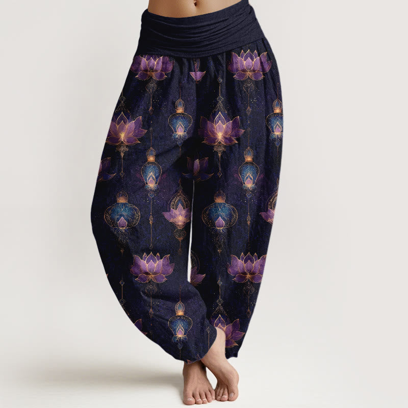 Pantalon harem à taille élastique pour femme, en coton, motif lanterne de lotus et Buddha Stones - Indigo - US16，UK/AU20，EU48 (3XL) - image 0