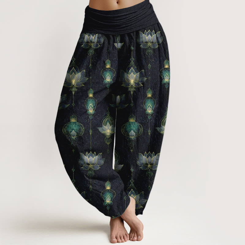 Pantalon harem à taille élastique pour femme, en coton, motif lanterne de lotus et Buddha Stones - Bleu nuit - US16，UK/AU20，EU48 (3XL) - image 5