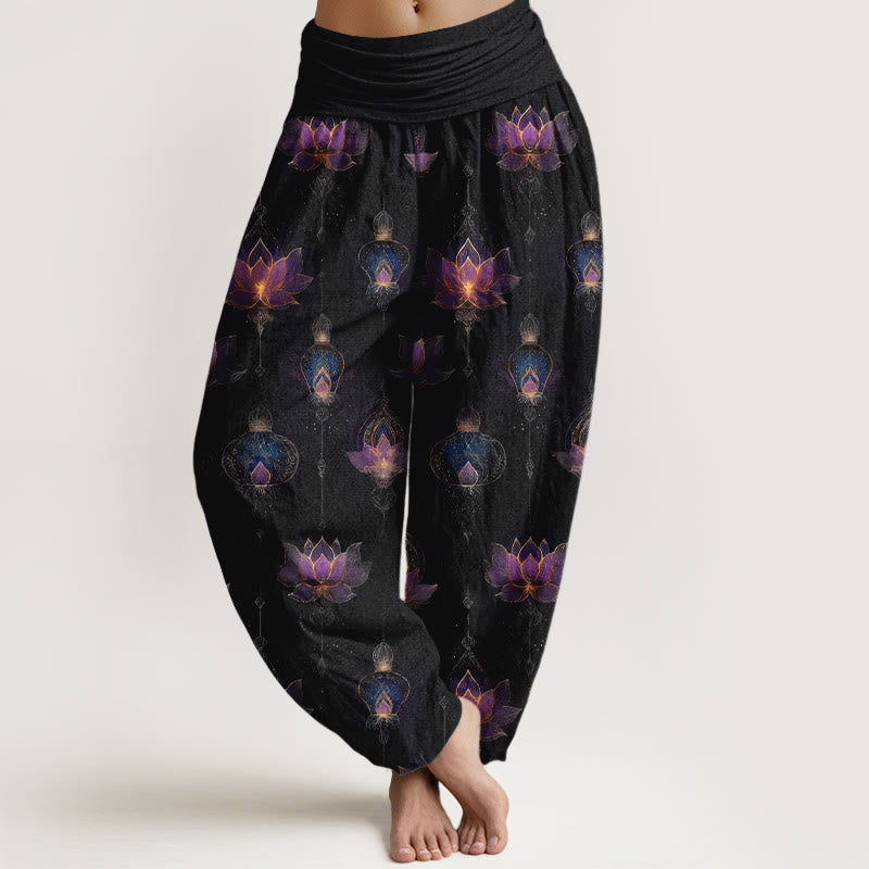 Pantalon harem à taille élastique pour femme, en coton, motif lanterne de lotus et Buddha Stones - Noir - US16，UK/AU20，EU48 (3XL) - image 8