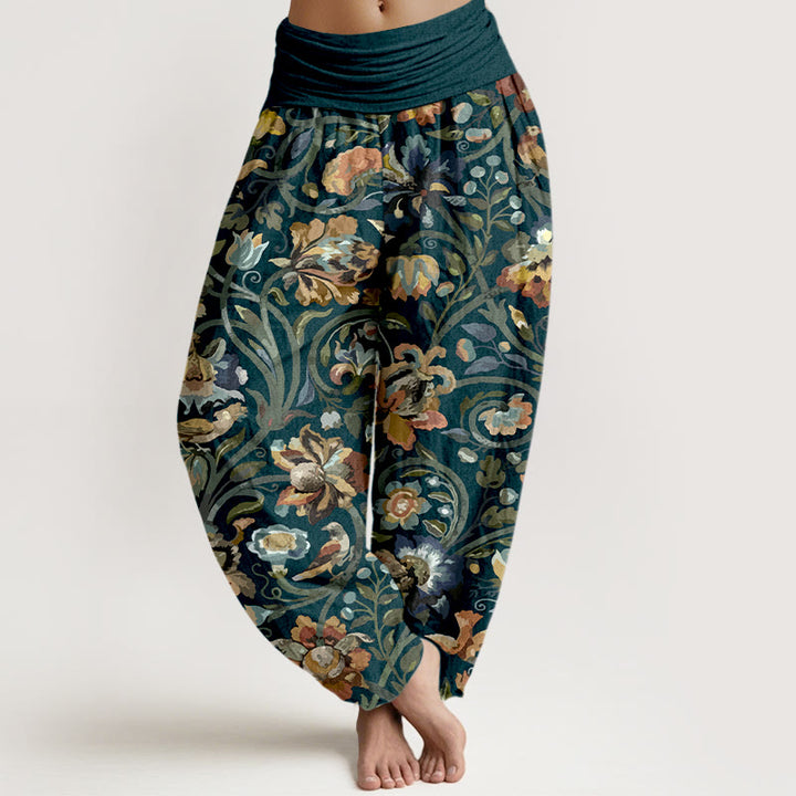 Pantalon harem à taille élastique pour femme, en coton rétro, motif fleurs, vignes et oiseaux, Buddha Stones - Marine - US16，UK/AU20，EU48 (3XL) - image 0