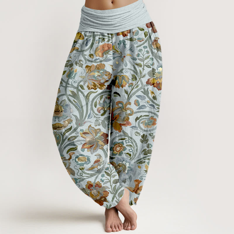 Pantalon harem à taille élastique pour femme, en coton rétro, motif fleurs, vignes et oiseaux, Buddha Stones - Cyan clair - US16，UK/AU20，EU48 (3XL) - image 5