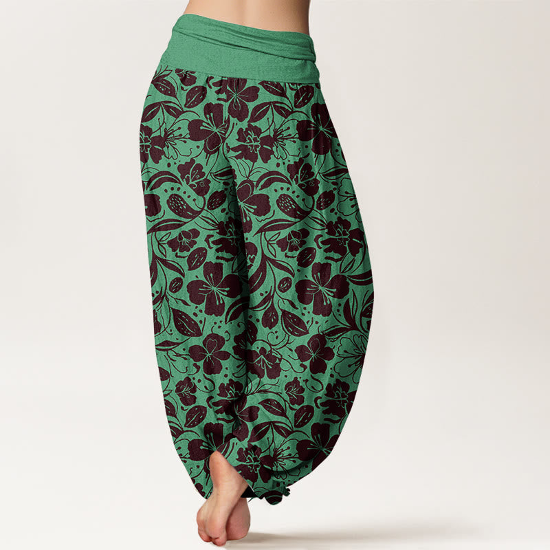 Pantalon harem à taille élastique pour femme, en coton à motif floral et de feuilles répété, avec Buddha Stones - image 1