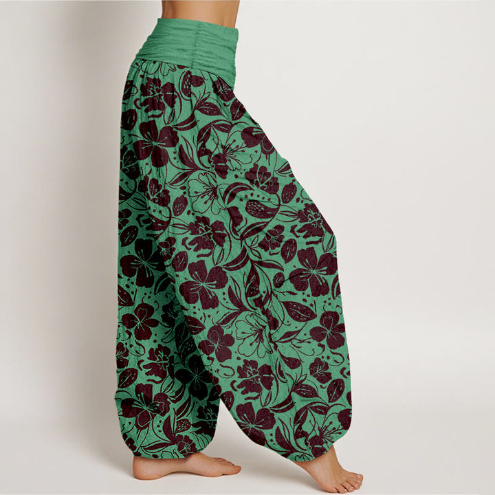 Pantalon harem à taille élastique pour femme, en coton à motif floral et de feuilles répété, avec Buddha Stones - image 2