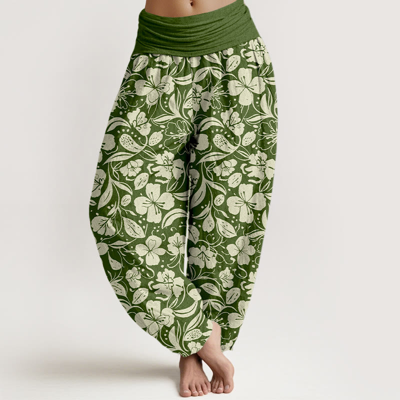 Pantalon harem à taille élastique pour femme, en coton à motif floral et de feuilles répété, avec Buddha Stones - Vert olive - US16，UK/AU20，EU48 (3XL) - image 5