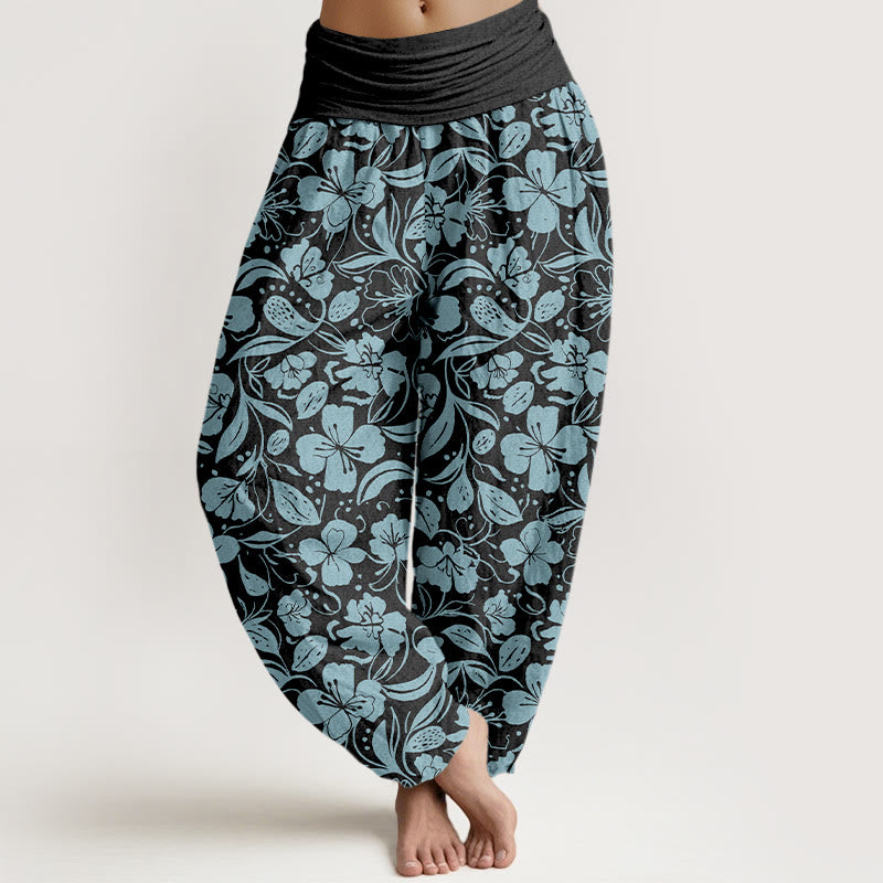 Pantalon harem à taille élastique pour femme, en coton à motif floral et de feuilles répété, avec Buddha Stones - Noir - US16，UK/AU20，EU48 (3XL) - image 8