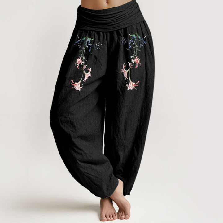 Pantalon harem femme en pur coton à motif floral pastel simple et Buddha Stones, taille élastique - Noir - US16，UK/AU20，EU48 (3XL) - image 0
