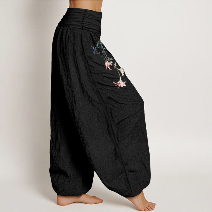 Pantalon harem femme en pur coton à motif floral pastel simple et Buddha Stones, taille élastique - image 2