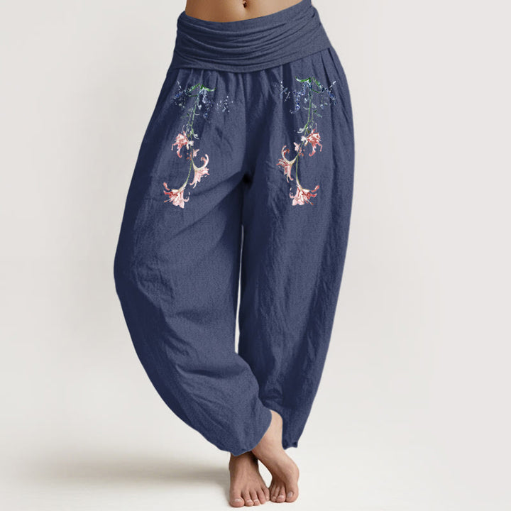 Pantalon harem femme en pur coton à motif floral pastel simple et Buddha Stones, taille élastique - Bleu ardoise foncé - US16，UK/AU20，EU48 (3XL) - image 5