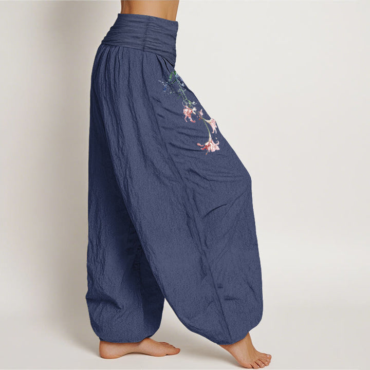 Pantalon harem femme en pur coton à motif floral pastel simple et Buddha Stones, taille élastique - image 7