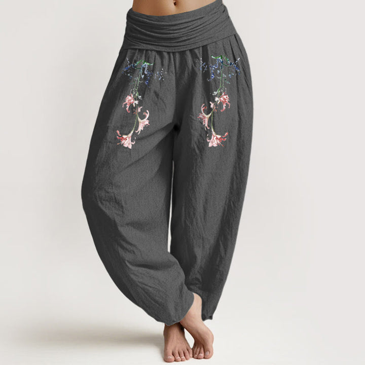 Pantalon harem femme en pur coton à motif floral pastel simple et Buddha Stones, taille élastique - Gris sombre - US16，UK/AU20，EU48 (3XL) - image 8