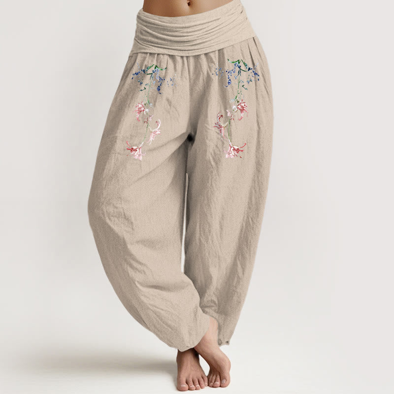 Pantalon harem femme en pur coton à motif floral pastel simple et Buddha Stones, taille élastique - Tanné - US16，UK/AU20，EU48 (3XL) - image 11