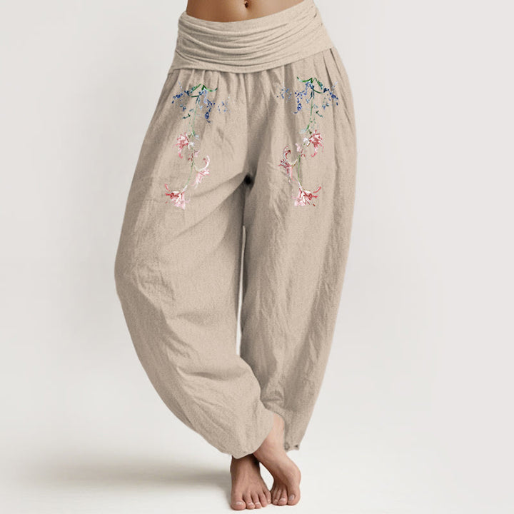 Pantalon harem femme en pur coton à motif floral pastel simple et Buddha Stones, taille élastique - Tanné - US16，UK/AU20，EU48 (3XL) - image 11
