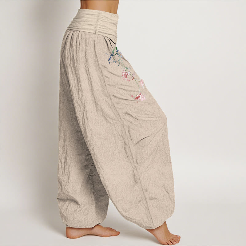 Pantalon harem femme en pur coton à motif floral pastel simple et Buddha Stones, taille élastique - image 13