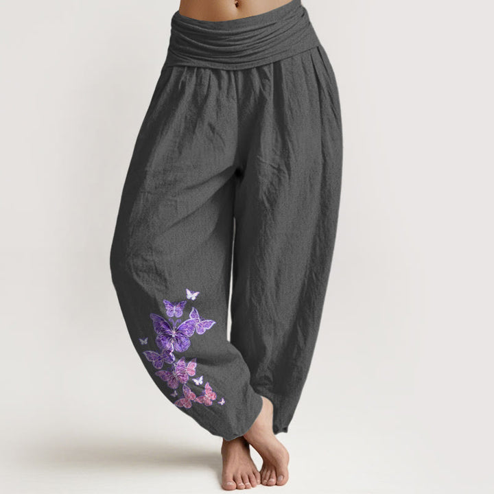 Pantalon harem femme en pur coton à motif papillon pastel et Buddha Stones, taille élastique - Gris terne - US16，UK/AU20，EU48 (3XL) - image 0