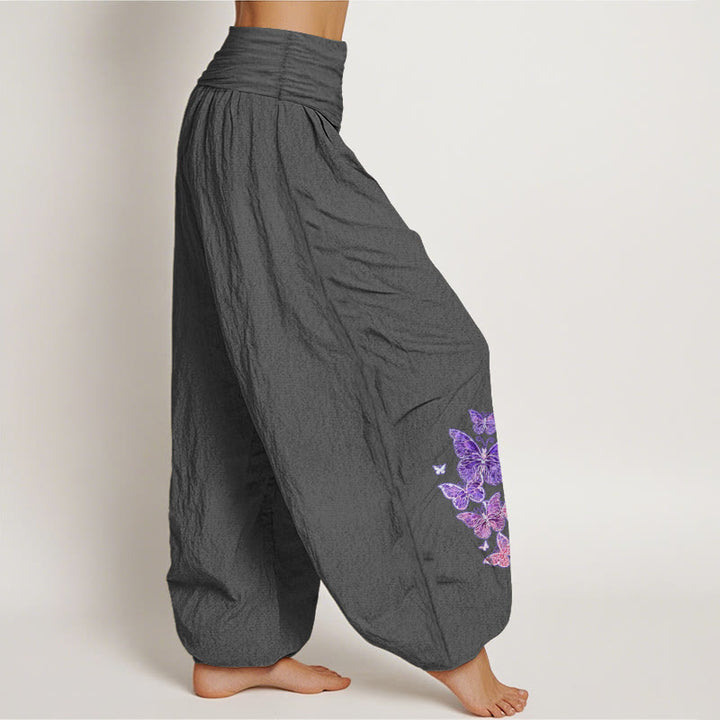 Pantalon harem femme en pur coton à motif papillon pastel et Buddha Stones, taille élastique - image 2