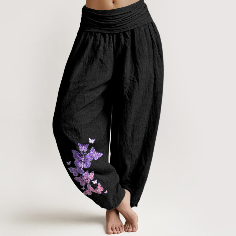 Pantalon harem femme en pur coton à motif papillon pastel et Buddha Stones, taille élastique - Noir - US16，UK/AU20，EU48 (3XL) - image 5