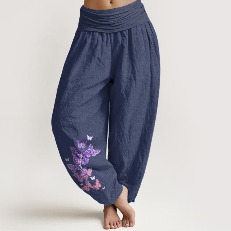 Pantalon harem femme en pur coton à motif papillon pastel et Buddha Stones, taille élastique - Bleu ardoise foncé - US16，UK/AU20，EU48 (3XL) - image 8