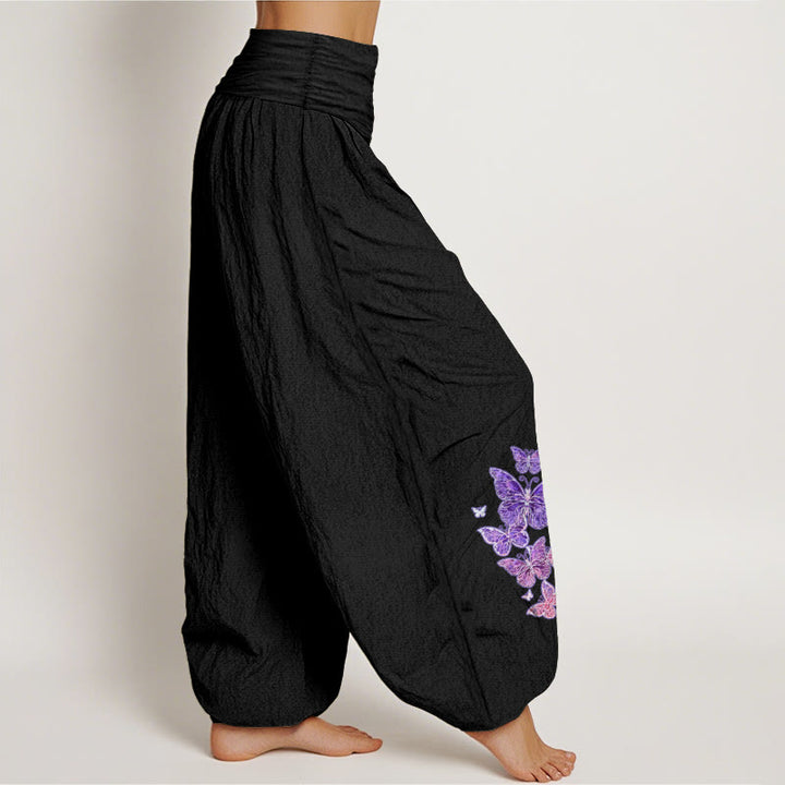 Pantalon harem femme en pur coton à motif papillon pastel et Buddha Stones, taille élastique - image 7