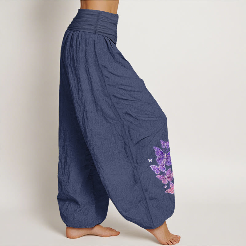 Pantalon harem femme en pur coton à motif papillon pastel et Buddha Stones, taille élastique - image 10