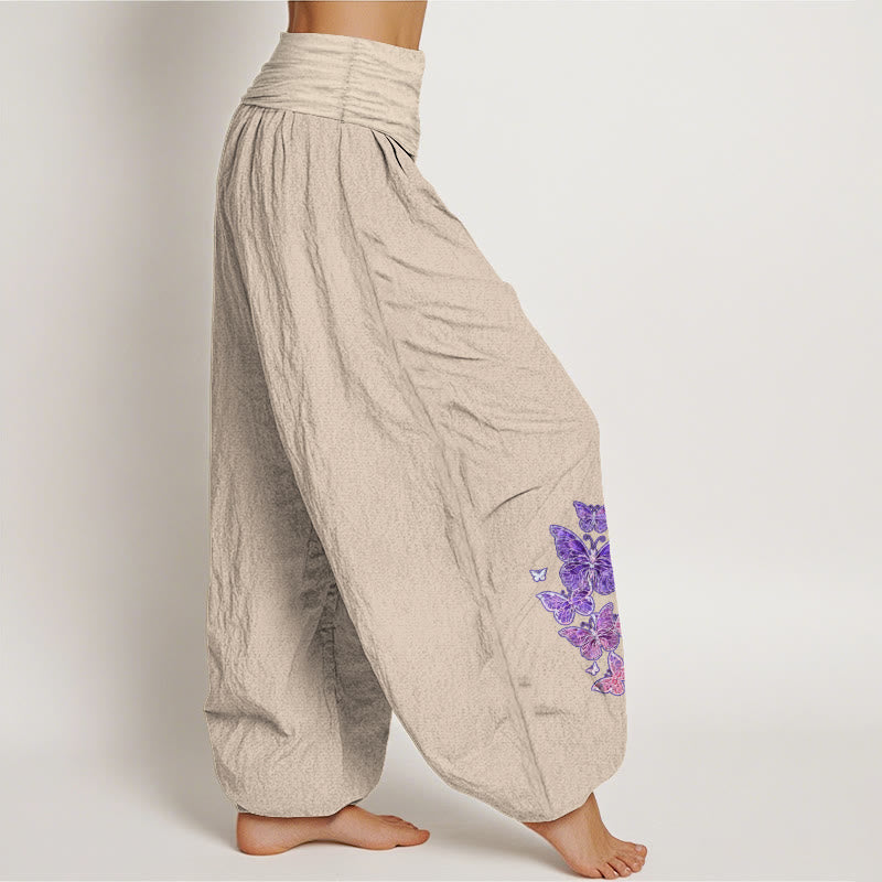 Pantalon harem femme en pur coton à motif papillon pastel et Buddha Stones, taille élastique - image 13