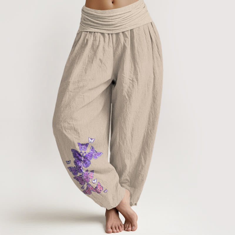 Pantalon harem femme en pur coton à motif papillon pastel et Buddha Stones, taille élastique - Tanné - US16，UK/AU20，EU48 (3XL) - image 11