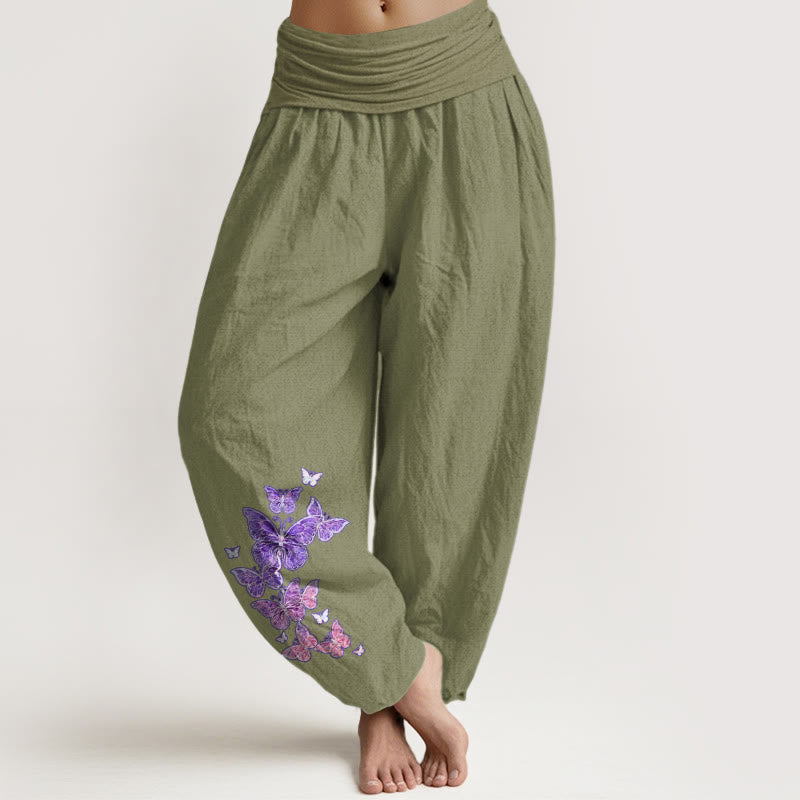 Pantalon harem femme en pur coton à motif papillon pastel et Buddha Stones, taille élastique - Vert olive - US16，UK/AU20，EU48 (3XL) - image 14
