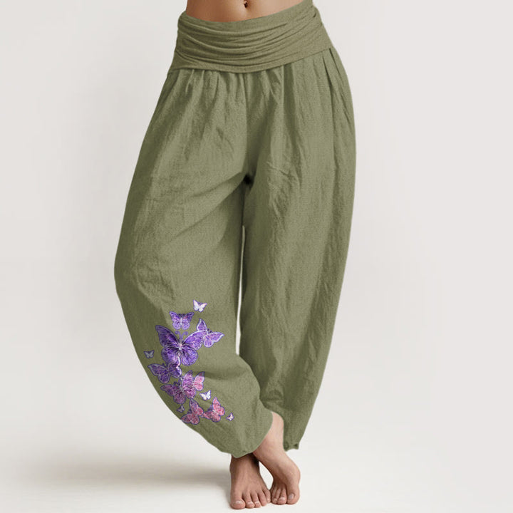 Pantalon harem femme en pur coton à motif papillon pastel et Buddha Stones, taille élastique - Vert olive - US16，UK/AU20，EU48 (3XL) - image 14