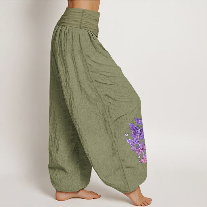 Pantalon harem femme en pur coton à motif papillon pastel et Buddha Stones, taille élastique - image 16