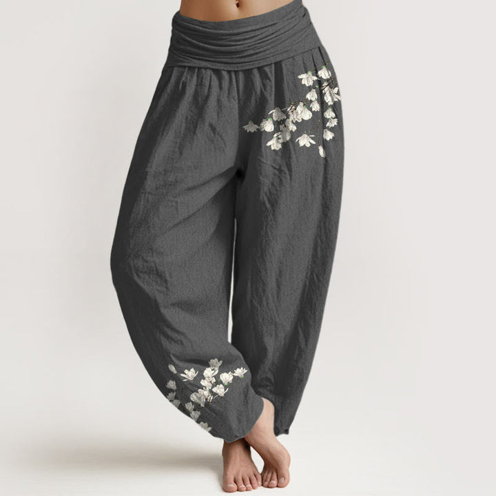 Pantalon harem pour femme en pur coton à motif floral magnolia simple et Buddha Stones, taille élastique - Gris sombre - US16，UK/AU20，EU48 (3XL) - image 0