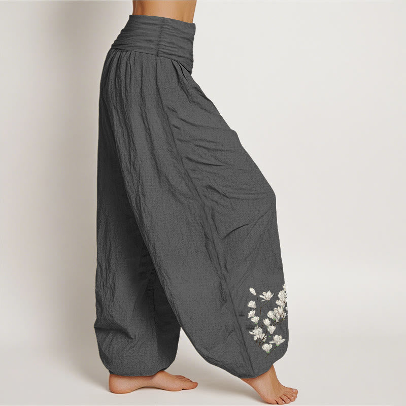 Pantalon harem pour femme en pur coton à motif floral magnolia simple et Buddha Stones, taille élastique - image 2
