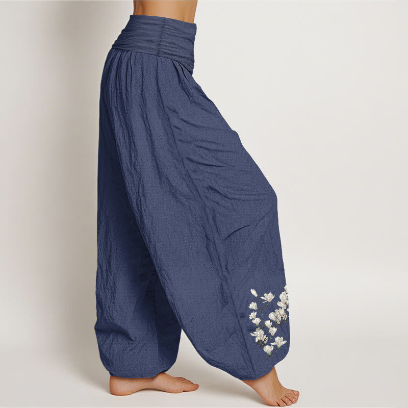 Pantalon harem pour femme en pur coton à motif floral magnolia simple et Buddha Stones, taille élastique - image 10