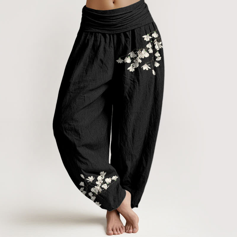 Pantalon harem pour femme en pur coton à motif floral magnolia simple et Buddha Stones, taille élastique - Noir - US16，UK/AU20，EU48 (3XL) - image 5