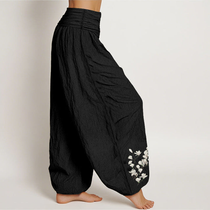 Pantalon harem pour femme en pur coton à motif floral magnolia simple et Buddha Stones, taille élastique - image 7