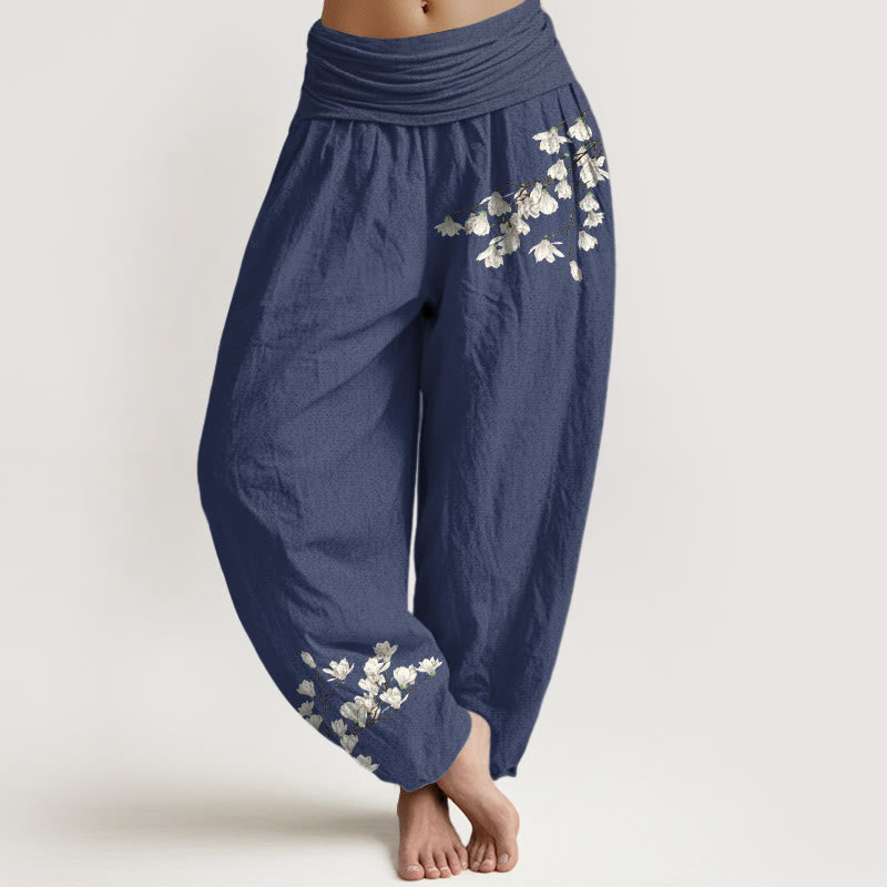 Pantalon harem pour femme en pur coton à motif floral magnolia simple et Buddha Stones, taille élastique - Bleu ardoise foncé - US16，UK/AU20，EU48 (3XL) - image 8