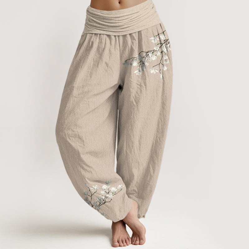 Pantalon harem pour femme en pur coton à motif floral magnolia simple et Buddha Stones, taille élastique - Tanné - US16，UK/AU20，EU48 (3XL) - image 11
